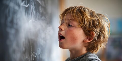 Elementary school student answering questions on blackboard