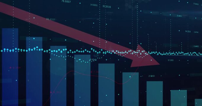 Red arrow appearing top-left sliding diagonally over bars as cyan points shifting showing decline