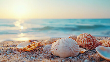 A serene beach scene featuring various seashells scattered on soft sand, with gentle waves and a beautiful sunset in the background.
