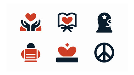 A comprehensive collection of humanitarian and social issue vector icons representing peace, love, knowledge, and community support