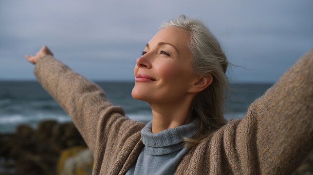 Oceanic Serenity and Self-Love: A mature woman with flowing gray hair experiences serenity on the beach, basking in the light with arms outstretched toward the boundless ocean.