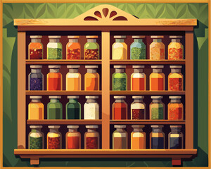colorful illustration of a wooden spice rack with neatly arranged glass jars
