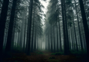 Obraz premium Misty Pine Forest with Atmospheric Fog