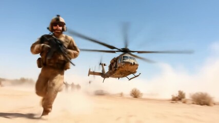 Intense desert extraction operation featuring a soldier running towards a helicopter for evacuation