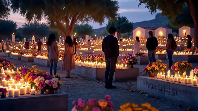 People walking through a cemetery adorned with vibrant candles and flowers during the serene dusk of Day of the Dead celebrations