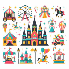 Vivid carnival scene with rides tents animals and characters arranged on a white background