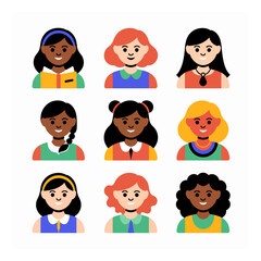 A vibrant collection of diverse primary school girls illustrated in a clean flat design style, showcasing various skin tones and hairstyles.