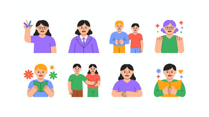 A vibrant collection of flat design illustrations showcasing diverse people engaged in various activities, emotional expressions, and social interactions.