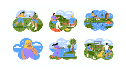 Obraz premium Collection of diverse flat vector illustrations depicting various human activities, outdoor scenes, and lifestyle moments in different environments