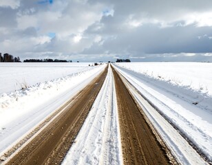 Obraz premium Snowy winter road through a field