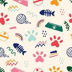 Colorful hand drawn cat element pattern. Trendy pet veterinary seamless pattern. Cat paws, fish bone, pet bowl, cat toys.