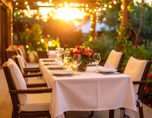 Outdoor dining under a pergola at sunset
