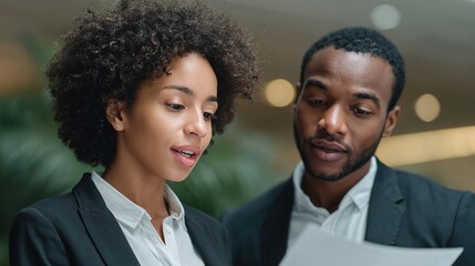 Focused Discussion: A close-up shot of two business professionals, a woman and a man, engrossed in a focused discussion. They're examining a document. Captured in an office setting.