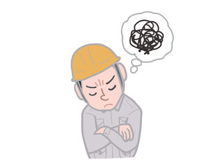 Illustration of a male worker wearing a yellow helmet thinking and worrying
