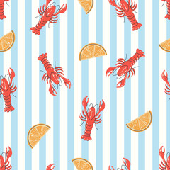 Hand drawn lobsters and lemons seamless pattern on blue and white stripe background. Repeating pattern lobster and lemon for textile, wrapping paper, background.