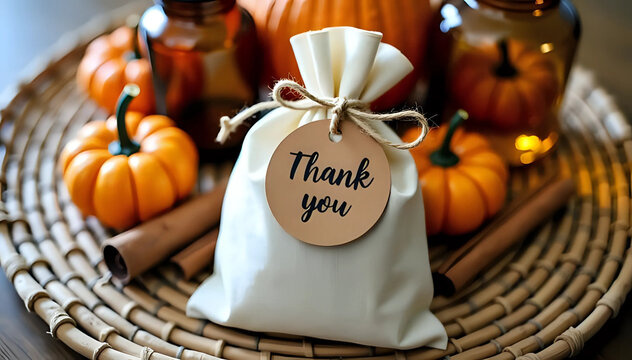 Festive thanksgiving or autumn gift bag with "thank you" tag, surrounded by mini pumpkins and cinnamon sticks on woven mat - seasonal gratitude and celebration concept - Powered by Adobe
