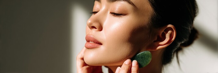 Gua Sha Stone Gliding Across Jawline in Natural Light With Minimal Background Emphasizes Facial Wellness Routine