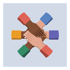 Diverse hands of different skin tones are stacked together in a symbolic gesture of unity, collaboration, and teamwork among people.