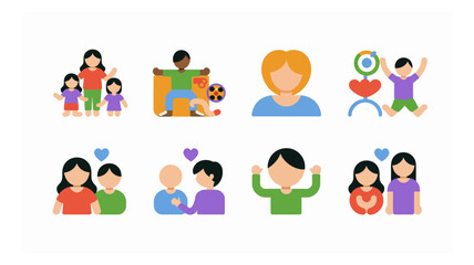 Diverse vector icons illustrating modern family structures, inclusive relationships, childhood, and various human connections in a flat design style