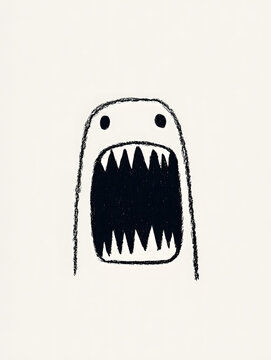 Basic cribbled outline in black ink of open mouth with teeth art work, isolated on a white background, a toy monster character, minimalistic, with simple lines and flat color.