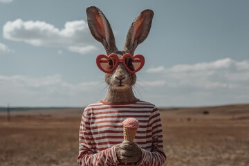 Rabbit in Striped Shirt Wearing Heart-Shaped Sunglasses Enjoying Ice Cream in Summer