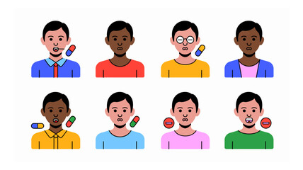 Flat design illustrations depicting diverse people's experiences with medicine, health challenges, and various treatment choices.