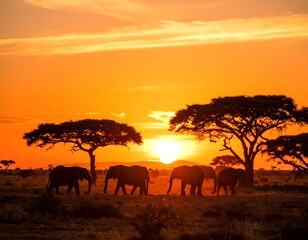Obraz premium A majestic elephant herd is silhouetted against a vibrant orange African sunset, embodying the wild beauty and serene grandeur of the savanna landscape.