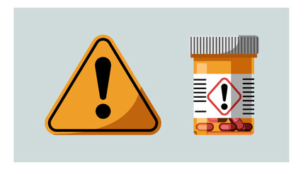 Flat design vector graphic depicting a universal warning symbol and a pharmaceutical container with a danger label