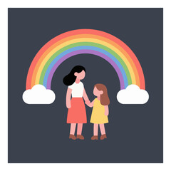 Flat vector illustration of a mother and daughter holding hands under a vibrant rainbow, symbolizing family love, hope, and protection.