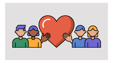 Four individuals with different backgrounds holding a vibrant red heart, embodying collective love, charity, and human connection.