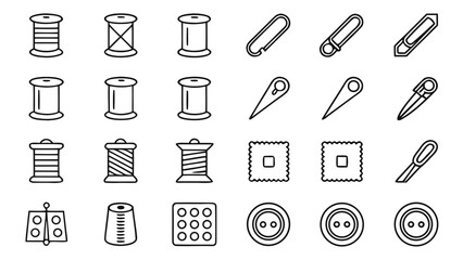 Collection of sewing and crafting tools and supplies in simple line art style icons set