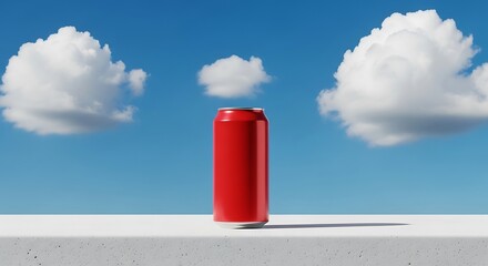 A vibrant red soda can stands prominently on a white surface against a bright blue sky with fluffy white clouds