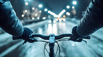 Cyclist on snowy road at night
