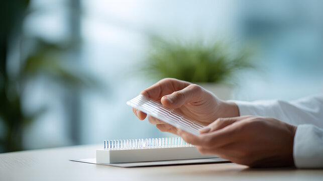 Close-up of a scientist's hands holding and examining a DNA microarray slide for genetic research in a modern laboratory.