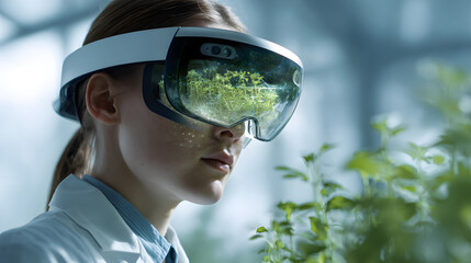 Futuristic Biotechnology Female Scientist with Augmented Reality Glasses Analyzing Plant Growth in a Modern Lab.