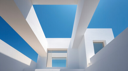 Fototapeta premium Modern Architecture Featuring White Shapes Against a Vibrant Blue Sky