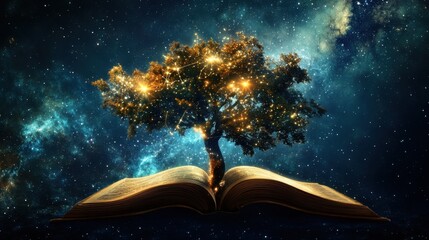 Naklejka premium Illuminated tree stands sentinel over an open book against a night sky.