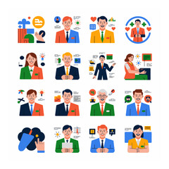 Vibrant vector illustrations of diverse business professionals and corporate concepts, highlighting communication, strategy, and teamwork in a modern flat design style.