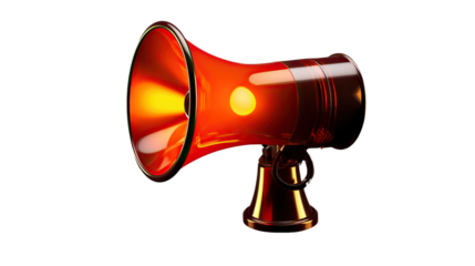 Bright orange megaphone with shiny surface and modern loudspeaker design isolated on white background