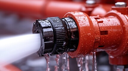 Fototapeta premium Close-up of a leaking red fire hose nozzle