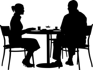 Over-the-shoulder silhouette of a woman with a bun, facing a bald man across a round table.
The table is set with simple dining items, and the setting suggests a quiet restaurant. The viewer's angle i