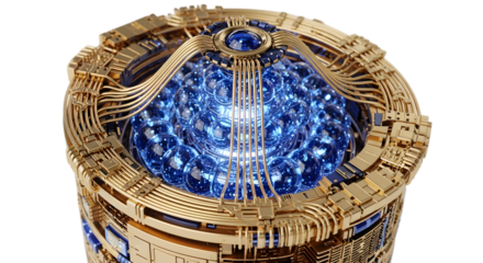 Complex golden orb with intricate design and glowing blue core isolated on transparent background