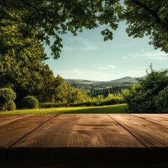 Fototapeta premium Empty wooden table with blurred green nature background. Outdoor picnic, garden mock up for design and product display. Tabletop with copy space, montage. Template for banner.