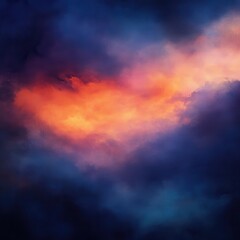 Fototapeta premium A background for an album cover, featuring a dark blue sky with orange and purple clouds, in a blurry, vintage style with a grunge texture and grainy, textured paper. The sky is.