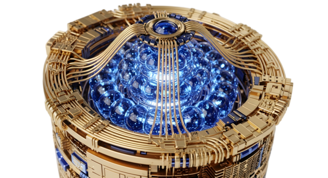 Complex golden orb with intricate design and glowing blue core isolated on transparent background