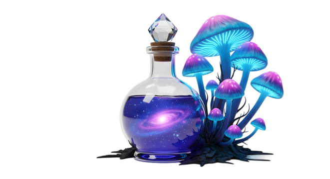 Magical potion with galaxy inside and glowing mushrooms isolated on transparent background