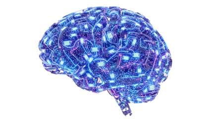 Digital brain illustration with glowing circuits isolated on transparent background