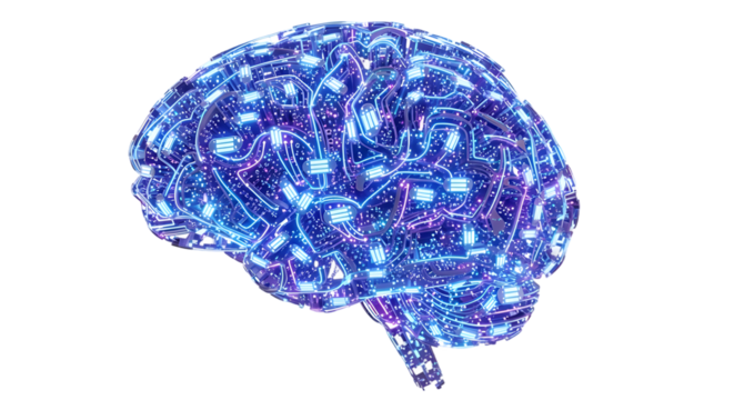 Digital brain illustration with glowing circuits isolated on transparent background
