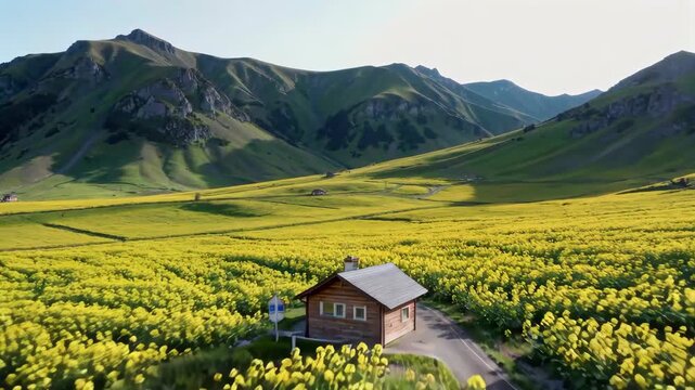 there is a field of yellow flowers with a small house in the middle