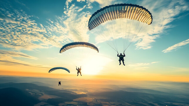 Paragliding silhouettes at sunset above clouds